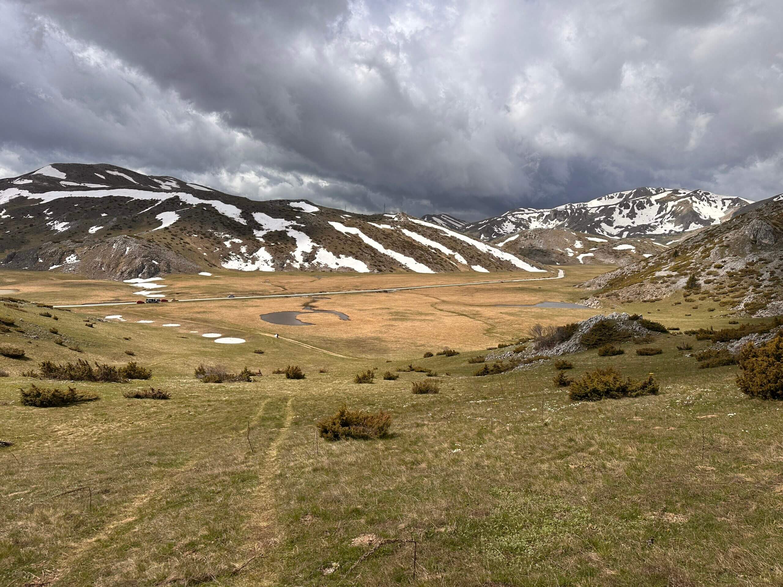 Wiese mit Bergen im Hintergrund auf denen Schnee liegt und grauen Wolken im Mavrovo Nationalpark
