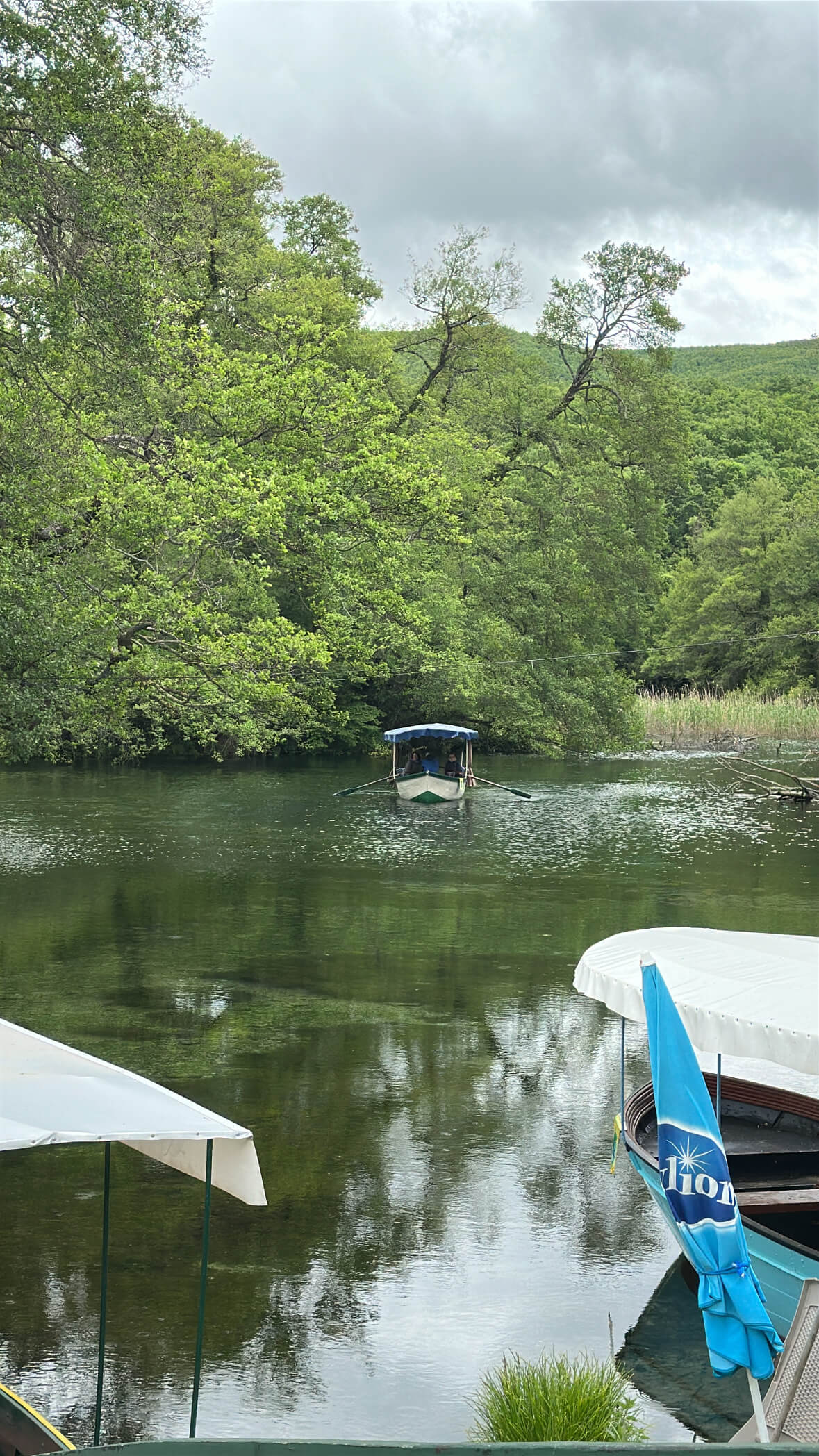 Ruderboot auf einem Fluss nahe des Klosters Sveti Naum mit grünen Bäumen drumherum