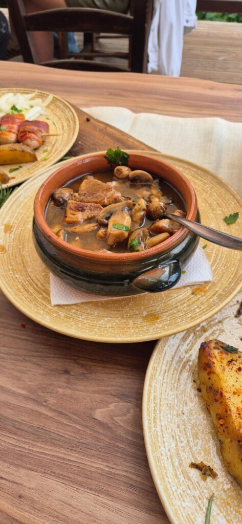 Traditioneller Fleisch-Pilz-Eintopf im Tontopf mit Petersilie, serviert mit Speck-umwickelten Hühnchen-Spießen mit Kartoffeln im Restaurant Dedo Cane in Skopje