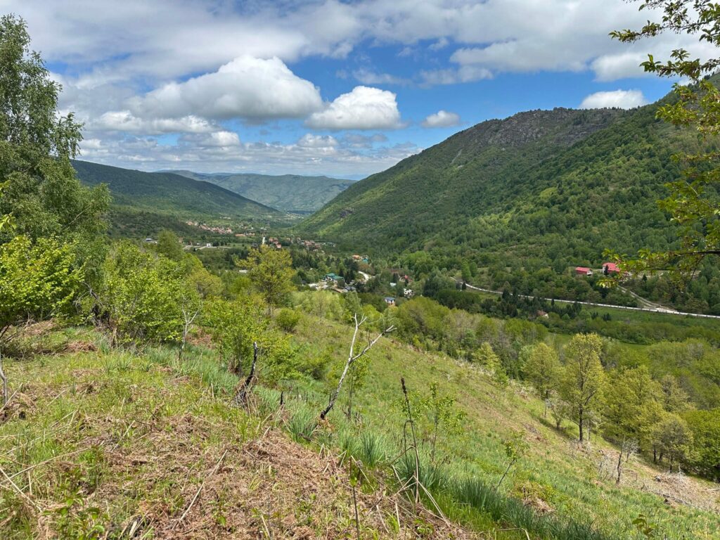 Ausblick von den Bergen auf eine im Tal liegende Stadt im Pelister-Nationalpark