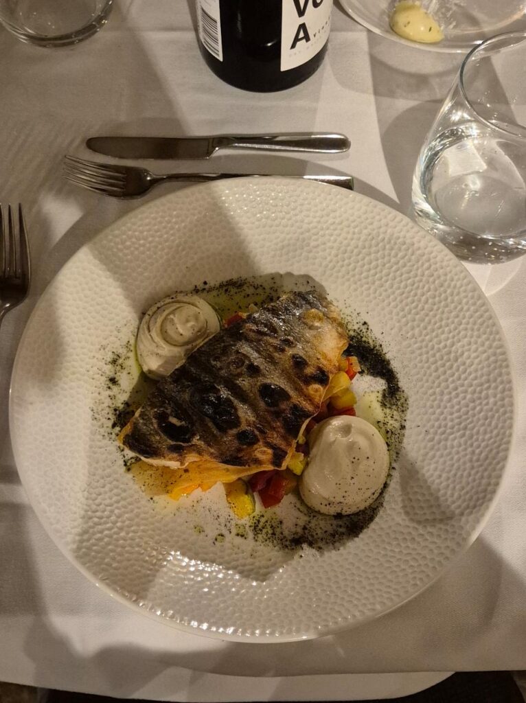 Angerichteter Gang eines Menüs mit Fisch auf Gemüse im Restaurant des Tikves-Weingut